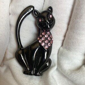 Vintage 1928 Black Cat Brooch Pink Rhinestones Gunmetal 1 3/4" Demure Coquette